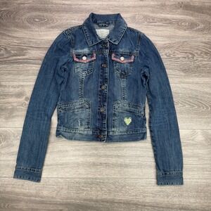 Aeropostale Denim Jacket Women S Blue Embroidered Flower Heart Trucker Jean Y2K